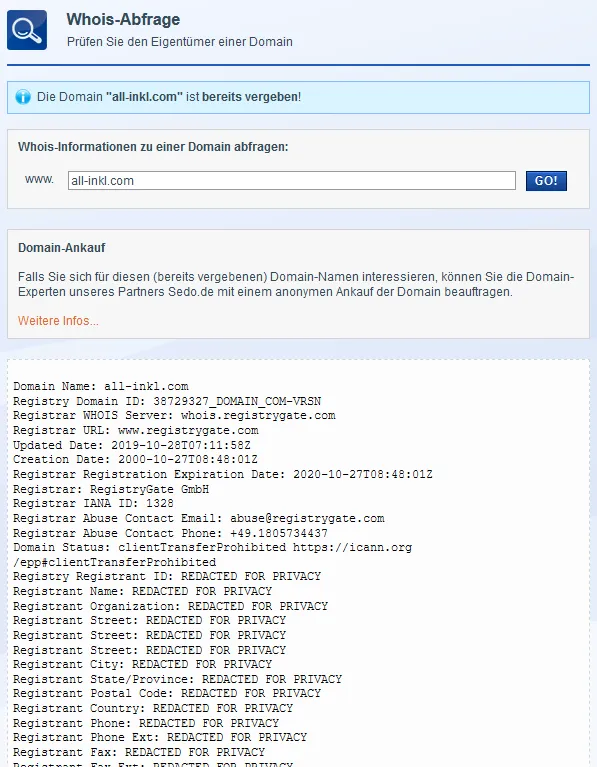 Whois Abfrage - Domainname ist vergeben, Bild 3