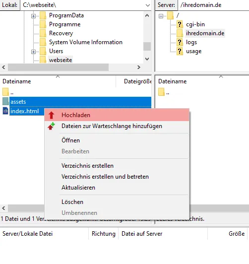 FileZilla - Version 3 - Verbinden und Dateien hochladen, Bild 6