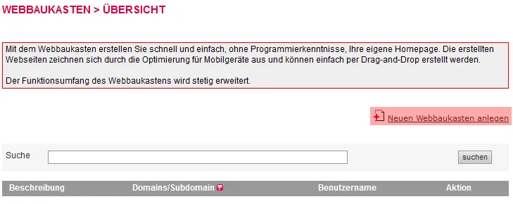 Verwalten im KAS - Anlegen eines Webbaukastens, Bild 2