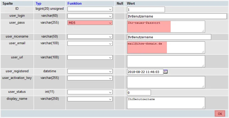 WordPress - Änderung des Passworts/der E-Mail-Adresse über die Datenbank, Bild 5