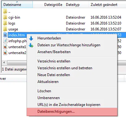 FileZilla - Version 3 - CHMOD ändern, Bild 1