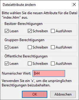 FileZilla - Version 3 - CHMOD ändern, Bild 2