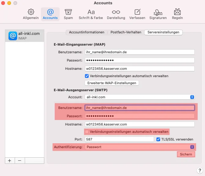 macOS Mail - SMTP-Authentifizierung aktivieren, Bild 3