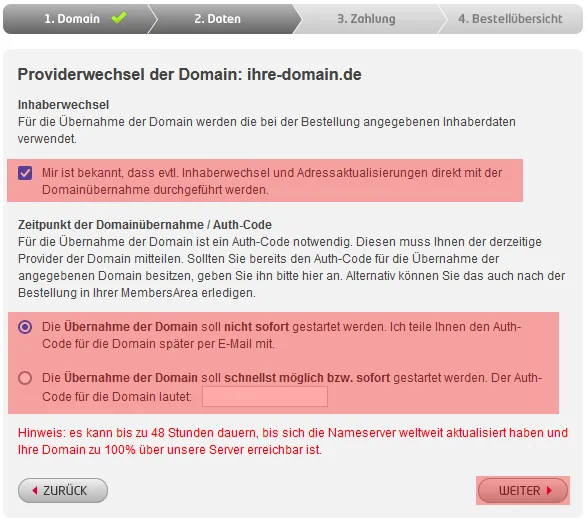 Vertragsbestellung - Bestellung mit vorhandener Domain (KK - Providerwechsel), Bild 4