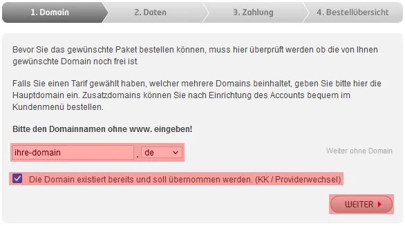 Vertragsbestellung - Bestellung mit vorhandener Domain (KK - Providerwechsel), Bild 1