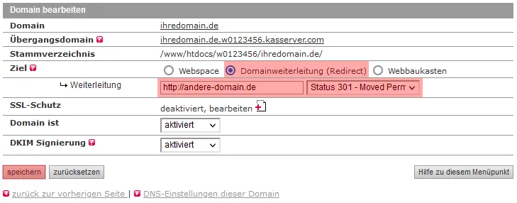Einstellungen bearbeiten - Weiterleitung (Redirect), Bild 3