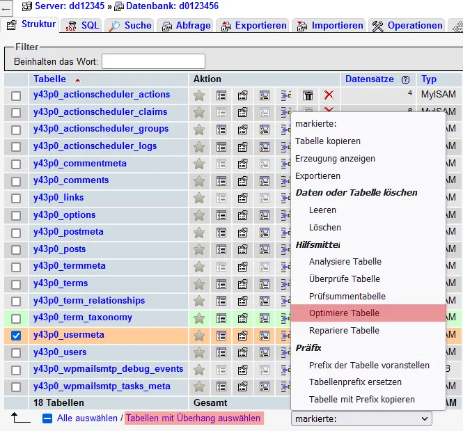 Datenbank verwalten - Tabellen optimieren, Bild 2