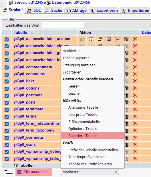 Datenbank verwalten - Tabellen reparieren, Bild 2