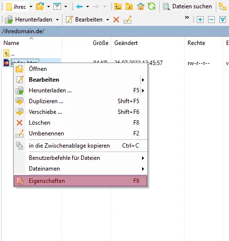 WinSCP - Dateiberechtigung ändern (CHMOD), Bild 1