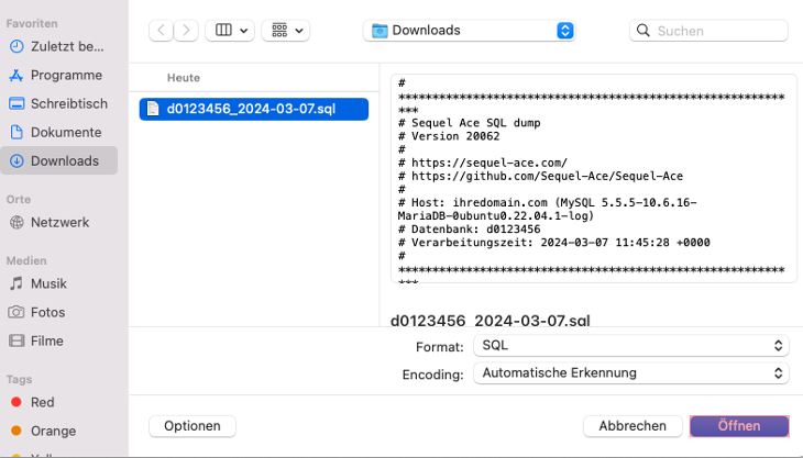 Sequel Ace für macOS - Datenbanksicherung wiederherstellen, Bild 2