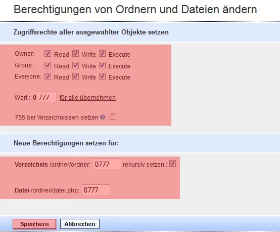 WebFTP - Dateiberechtigung ändern (CHMOD), Bild 2