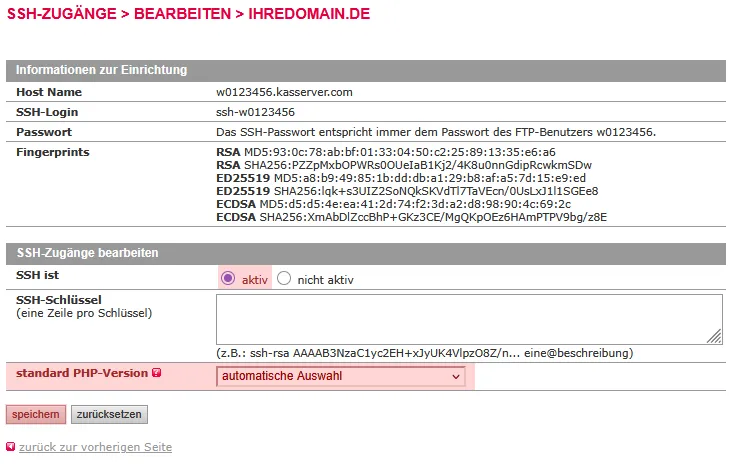 Dateiverwaltung - Aktivierung von SSH (nur im Hauptaccount möglich), Bild 4