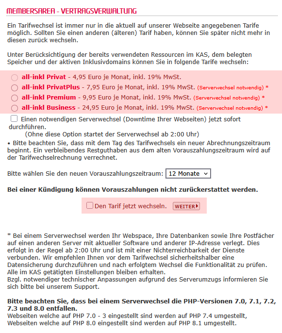 Tarifwechsel - Wechsel innerhalb der Webhosting-Tarife, Bild 3