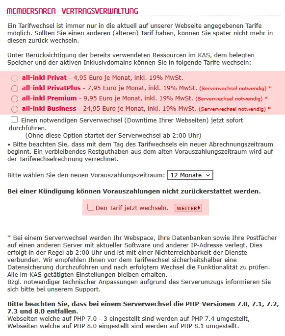 Tarifwechsel - Wechsel innerhalb der Webhosting-Tarife, Bild 3