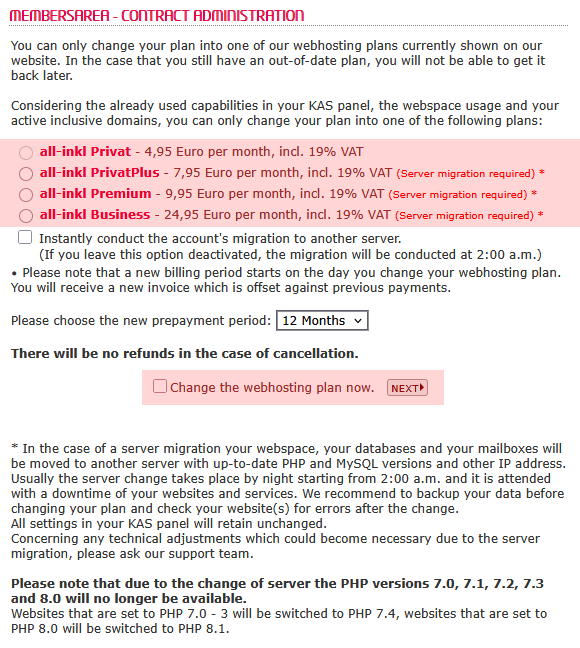 Plan Change - Change within the web hosting plans, Bild 3