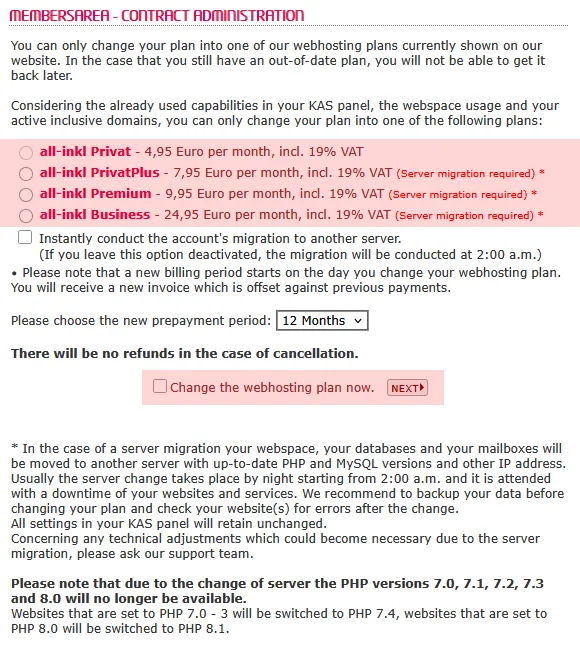 Plan Change - Change within the web hosting plans, Bild 3
