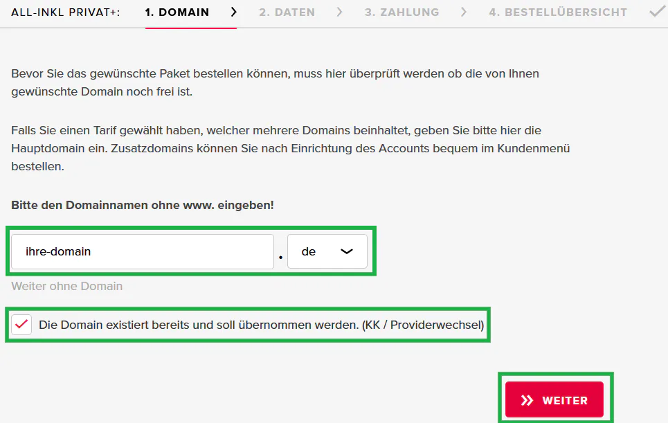 Vertragsbestellung - Bestellung eines Webhosting-Tarifs mit vorhandener Domain (KK - Providerwechsel), Bild 1