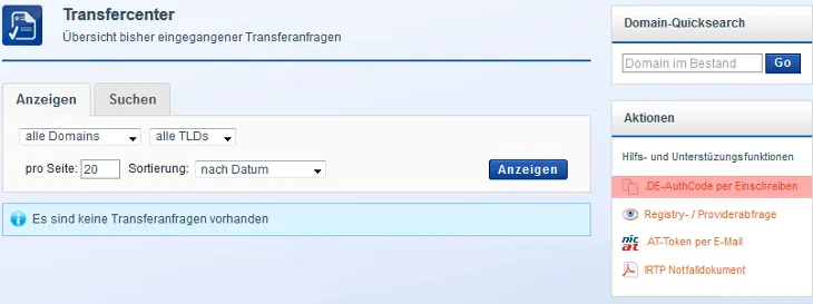 KK-Center - Anforderung AuthCode für .de bei Denic, Bild 2