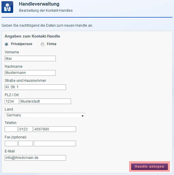 Handleverwaltung - Neues Handle anlegen, Bild 3