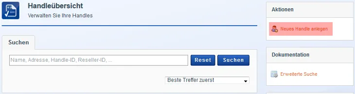 Handleverwaltung - Neues Handle anlegen, Bild 2